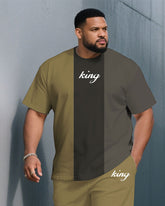 Men's Plus Size Fashion Khaki & Grey Colorblock Design Chest King Print Round Neck Short Sleeve T-Shirt Shorts Suit